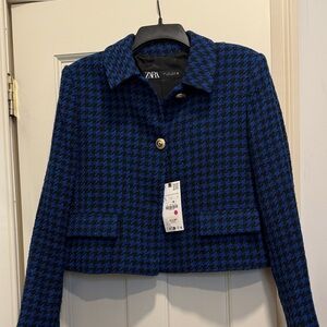 Zara Women's Black and Blue Houndstooth Blazer